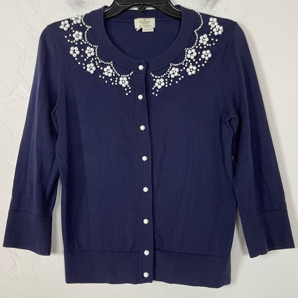 Kate Spade Sweater Cardigan Button Down Navy Blue Jeweled Collar‎ Ribbed Cotton - Picture 1 of 8